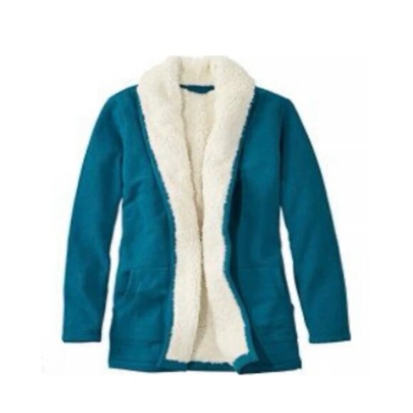 L.L.Bean Small Petite Teal Sherpa Lined Open Cardigan Style 515087 - Picture 1 of 15